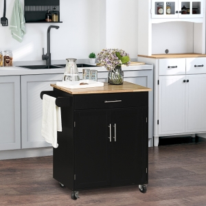 HOMCOM Rolling Kitchen Island Cart with Wood Top, Enough Storage Drawer Space with Towel Bar Rack Shelves, Portable Kitchen Utility Serving Cart Trolley on Wheels, Black