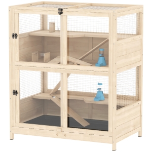 PawHut Wooden Hamster Cage, 4 Tier Small Animal Cage with Mesh Flip Roof, Pull-Out Tray, Huts, Seesaws, Ramps and Water Bottles