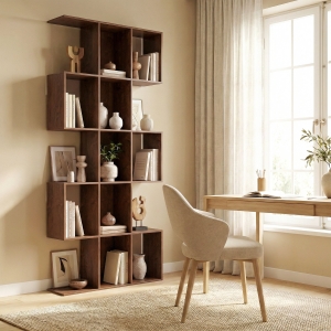 HOMCOM 5-Tier Bookshelf, S Shaped Geometric Bookcase with 15 Compartments, Brown Wood Grain