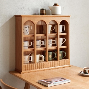Solid Cup Storage Rack with Ample Shelving & Eco-Friendly Finish, Durable Cabinet for Dining Space, 24.5″ L x 6″ W x 22″ H, Natural Cherry