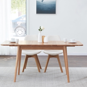 Extendable Dining Table with Telescopic Farmhouse Design, Sturdy Center Table with Rounded Corners, 63″ L x 31.5″ W x 29.5″ H, Light Oak