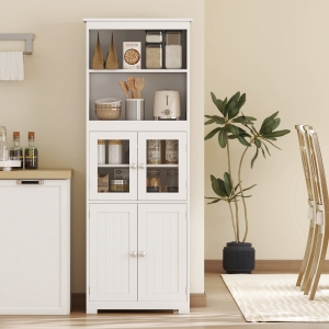 HOMCOM 63" Small Buffet with Hutch, 4-Door Kitchen Pantry, Freestanding Storage Cabinet with Adjustable Shelf for Dining Room, Living Room, White