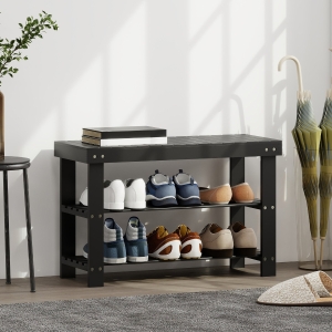 HOMCOM Bamboo Shoe Storage Bench, 3-Tier Entryway Bench with 2 Storage Shelves for Hallway, Holds 6 Pairs, Black