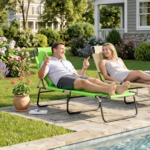 Outsunny Folding Chaise Lounge Chair, Reclining Beach Tanning Chair with Face Hole, Pillow, 4-Position Adjustable Lay Flat Sun Lounger, Steel Frame for Outdoor Patio Pool, Green