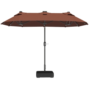 Outsunny Double-sided Outdoor Patio Umbrella with Solar Lights and Base, Dining Table Umbrella Push Button Tilt, Coffee