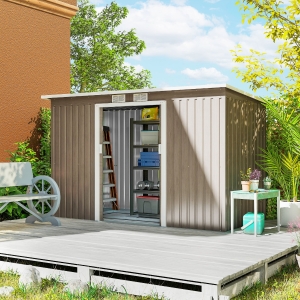 Outsunny 9' x 4' Garden Metal Storage Shed Outdoor Equipment Tool Box with Foundation Kit, Ventilation & Doors, Light Grey