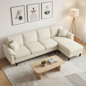 HOMCOM L-Shape Sofa, Modern Sectional Couch with Changeable Chaise Lounge, Pillows and Wooden Legs for Living Room, Cream White