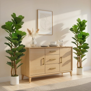 HOMCOM 6FT Artificial Fiddle Leaf Fig Tree Set of 2, Fake Potted Tree with Solid Wood Trunks for Indoor Decor, Green