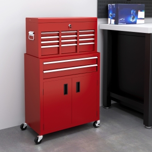 HOMCOM 6-Drawer Rolling Tool Chest, 2 in 1 Lockable Storage Cabinet with Hooks, Metal Tool Box for Garage, Workshop, Red