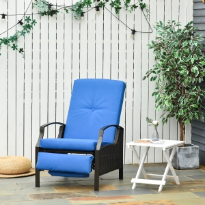 Outsunny Outdoor Rattan Recliner Chair, Wicker Reclining Chair with Adjustable Back Retractable Footrest Cushion Blue