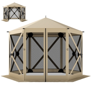 Outsunny 10 x 11 ft Pop Up Gazebo Screen Tent, Portable Instant Camping Canopy Screen House with Nettings, Carry Bag, Beige