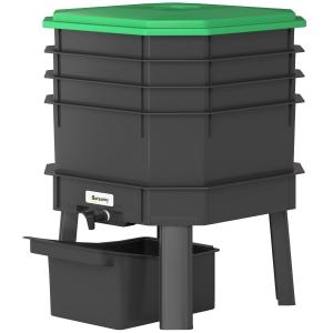 Outsunny 4-Tray Worm Composter Bin, 7.4 Gal Outdoor & Indoor Worm Composter for Recycling Food Waste, Dark Green