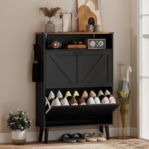 HOMCOM Shoe Storage Cabinet with 2 Flip Drawers, Farmhouse Narrow Shoe Cabinet, Holds Up to 16 Pairs, Black