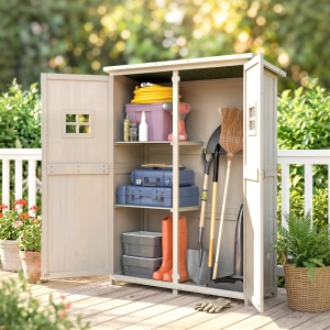 Outsunny 4x1.5ft Wooden Garden Sheds, Outdoor Storage with Windows and Double Door for Gardeners, Grey