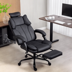 HOMCOM Reclining Office Chair, Executive Desk Chair with Pet-Friendly Fabric, Headrest, Footrest, Swivel Wheels, Black