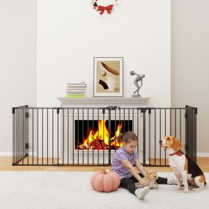 PawHut Dog Safety Gate 6-Panel Playpen Fireplace Christmas Tree Steel Fence Stair Barrier Room Divider Black