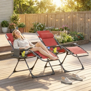 Outsunny Zero Gravity Chair Set of 2, Folding Reclining Outdoor Lounge Chair with Cup Holder, Headrest, Wine Red