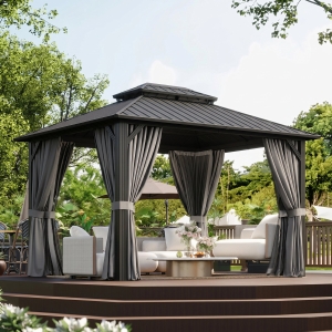 Outsunny 10' x 12' Hardtop Gazebo, Sun Shelter with Double Tier Metal Roof, Mosquito Netting, and Hanging Hook, Light Grey