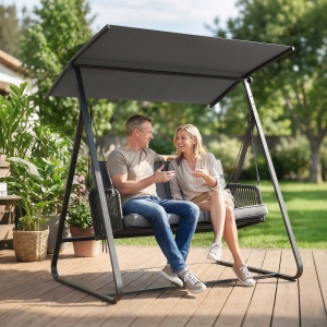 Outsunny 2-Person Outdoor Patio Porch Swing with Adjustable Canopy, Rattan Hanging Swing Bench with Soft Cushions