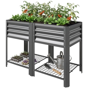 Outsunny Raised Garden Bed Galvanized Steel, Elevated Planter Box with Storage Shelf, Bed Liner, 31.5" High, Dark Gray