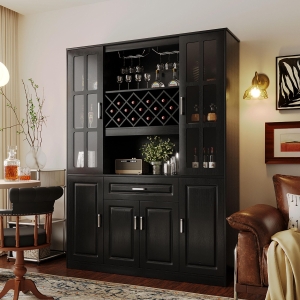 Tall Wine Cabinet with Wine Rack and Stemware Holder, 4-Door Storage Cabinet with Semi-Open Shelf, 52" L x 15.5" W x 74" H, Black