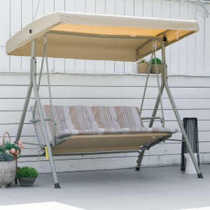 Outsunny 3-Seat Patio Swing Chair, Outdoor Porch Swing Glider with Adjustable Canopy, Light Brown