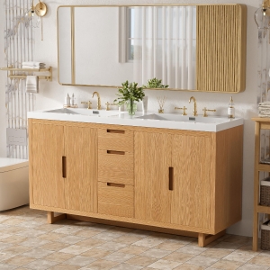 Modern Bathroom Vanity with Soft-Close Hinges & Hidden Drawer Slides, Elegant Vanity Cabinet with Resin Sink, 59.5'' L x 20'' W x 34'' H, Wood