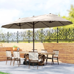 Outsunny 15' Outdoor Patio Umbrella with Twin Canopy Sunshade Steel Table Umbrella with Lift Crank, Cross base, Sandbag, Khaki