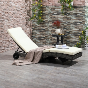 Outsunny Outdoor Adjustable Wicker Chaise Lounge Chair with Cushion & Wheels for Patio, Deck, Poolside, Cream White
