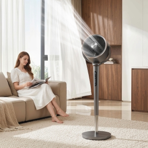 HOMCOM 20dB Silent Standing Fan, Oscillating Fan with 12 Speeds, LED Light, WiFi & Remote Control, 12H Timer