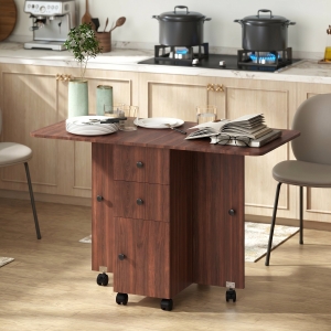 HOMCOM Drop Leaf Dining Table, Mobile Folding Table on Wheels with Drawers and Cabinet for Dining Room, Kitchen, Brown