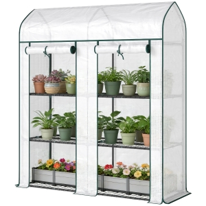 Outsunny 3 Tier Mini Greenhouse, Small Portable Greenhouse with 2 Roll-up Doors, 56.3" x 18.1" x 65", White