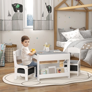 Qaba 3 Piece Kids Table and Chair Set with Reversible Tabletop, Blackboard, Storage, Bookshelf, for Playroom, Nursery, Grey
