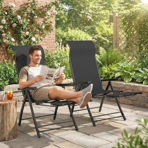 Outsunny Folding Patio Chairs Set of 2, 5-Position Outdoor Lounge Chairs with High Back, Retractable Footrest, Black