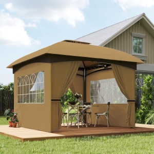 Outsunny 11' x 11' Outdoor Gazebo, Double Roof Patio Gazebo Canopy with Curtains, Church Windows, Galvanised Steel Frame, Beige