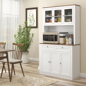 HOMCOM 71" Pantry Cabinet with Microwave Space, Kitchen Cabinet with Hutch, 2 Drawers, Adjustable Shelves, Glass Doors, White