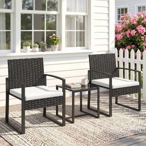 Outsunny Outdoor Bistro Set, 3 Piece Wicker Patio Furniture Set with Glass Top Table and Cushions for Porch, Balcony, Cream White