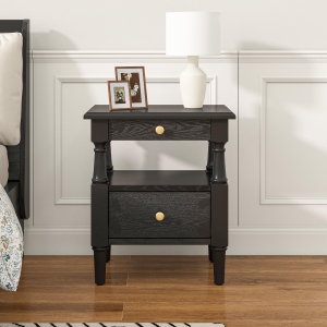 Set of 2 Black Wooden Nightstands with Drawers and Open Shelf, Textured Bedside Tables with Non-Slip Rubber Pads, 19'' L x 15'' W x 22.5'' H, Black
