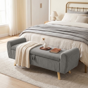 HOMCOM Storage Ottoman, 59" Corduroy End of Bed Storage Bench for King Size Bed with Wooden Legs and Rolled Arms, Dark Grey