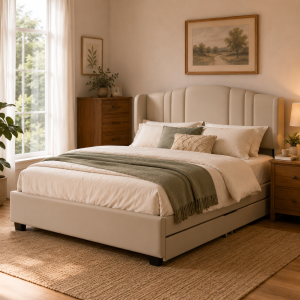 Upholstered Queen Platform Bed with Wingback Headboard and 2 Storage Drawers, Multi-Functional Bed Frame with Wood Slat, 86'' L x 65'' W x 43'' H, Beige