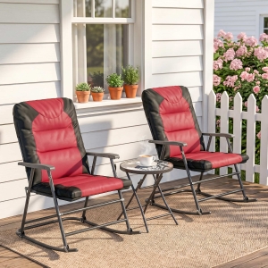 Outsunny 3pc Patio Foldable Rocking Chair Set, Outdoor Rocking Chairs and Table Set w/ Padded Seat, Headrest, Backrest for Backyard, Garden, Red