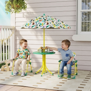 Qaba Kids Picnic Table, Kids Table and Chair Set with 2 Folding Chairs and Umbrella for Backyard, Garden, Patio, Green