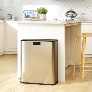 HOMCOM Dual Trash Can with Soft-Close Lid, Garbage Can with Removable Inner Bucket for Kitchen 2 x 7.4 Gal (2 x 28 L), Silver