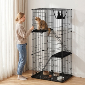 PawHut 3-Tier Cat Cage Indoor, Detachable Metal Wire Kennel withwith Hammock, Platform, Tray and Cushion for 1-2 Kittens