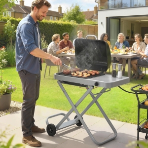 Outsunny Portable Propane Gas BBQ Grill with Foldable Cart, Wheels, 9500 BTU Gas Barbecue Grill with Piezo Ignition Burner, Black