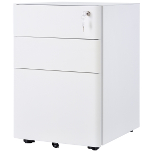 Vinsetto 3 Drawer Filing Cabinet, Steel Home Office Storage Cabinet with Wheels, Lock for A4, Letters, Legal-sized Files, White