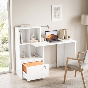 HOMCOM Computer Desk, Office Desk with Bookshelf, File Drawer and Legal Hanging File Holders, White Wood Grain