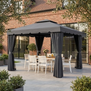 Outsunny 10' x 10' Outdoor Patio Gazebo Double Soft-top Garden Shelter Tent with Curtains, & Mesh Screen Drapes, Light Grey
