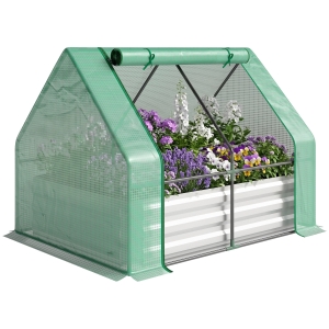 Outsunny 4 x 3ft Metal Planter Box with Mini Greenhouse, Galvanized Raised Garden Bed with Cover for Herbs and Vegetables, Small Greenhouse for Patio Garden Balcony, Green and Gray