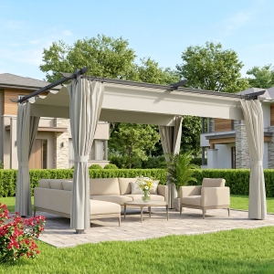 Outsunny 10' x 13' Pergola with Retractable Canopy and Curtains, UPF30+ Sun Shade Shelter for Grill, Garden, Backyard, Deck